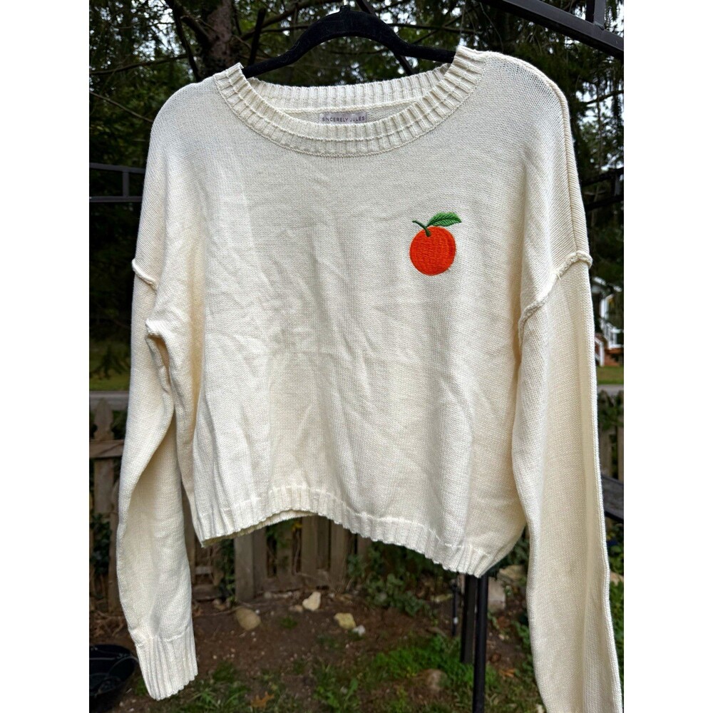 Sincerely Jules Ivory Rib Knit Crewneck Peach Embroidered Sweater M NWOT